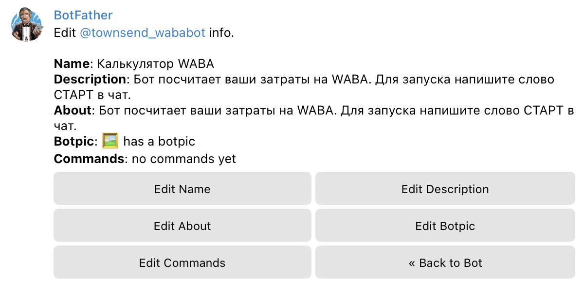 Настройка бота в BotFather