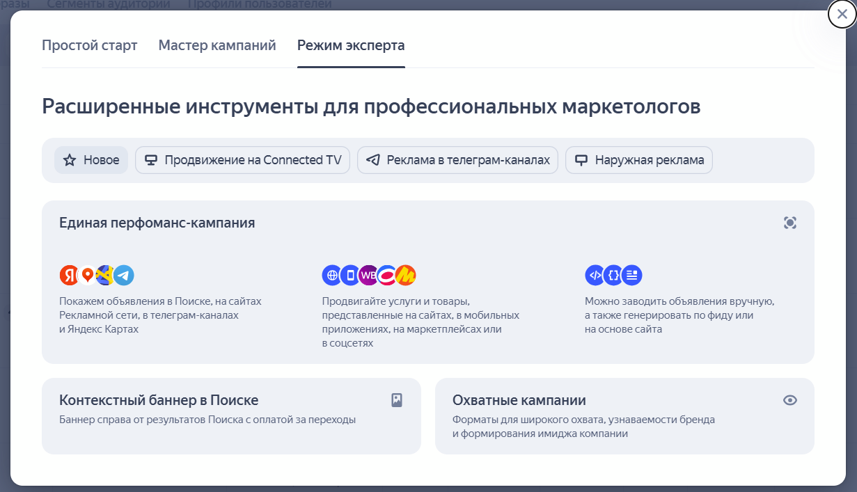Выбор ЕПК в интерфейсе Директа