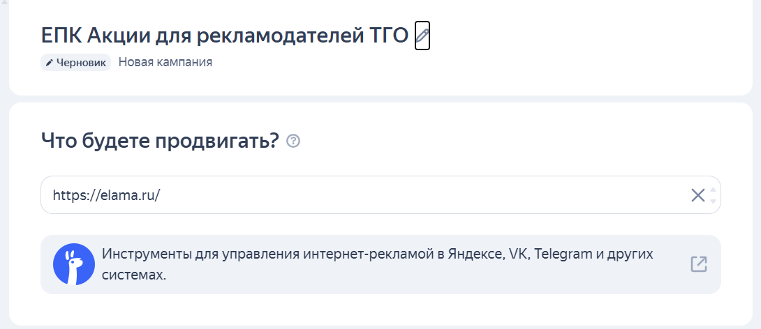 Название кампании и адрес сайта — поля настройки