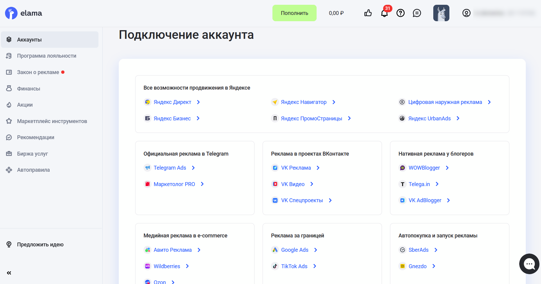 Список рекламных системы в elama