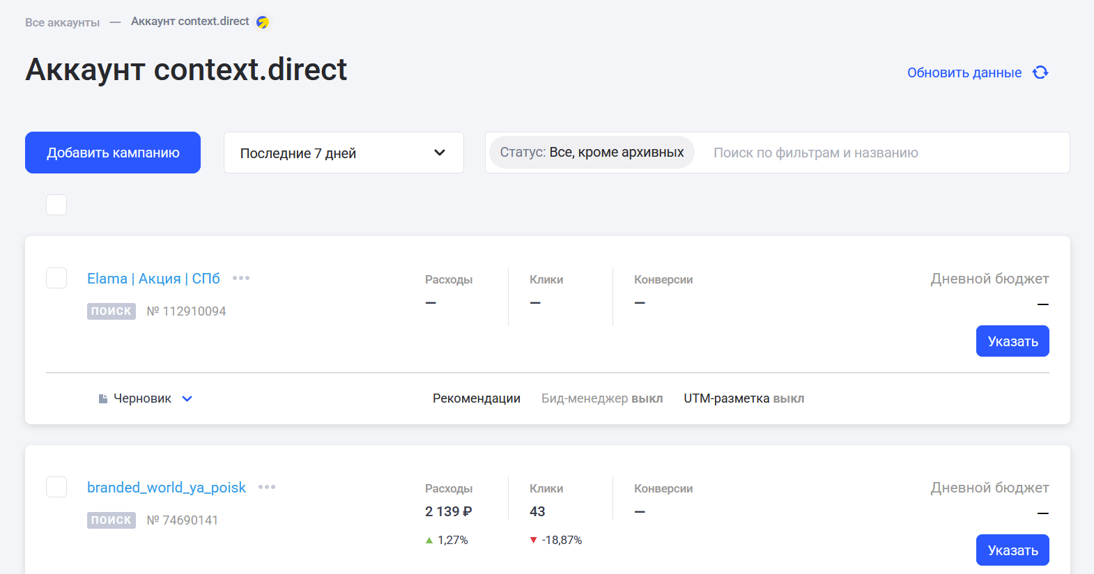 Уровень кампаний в аккаунте Директа в ЛК elama