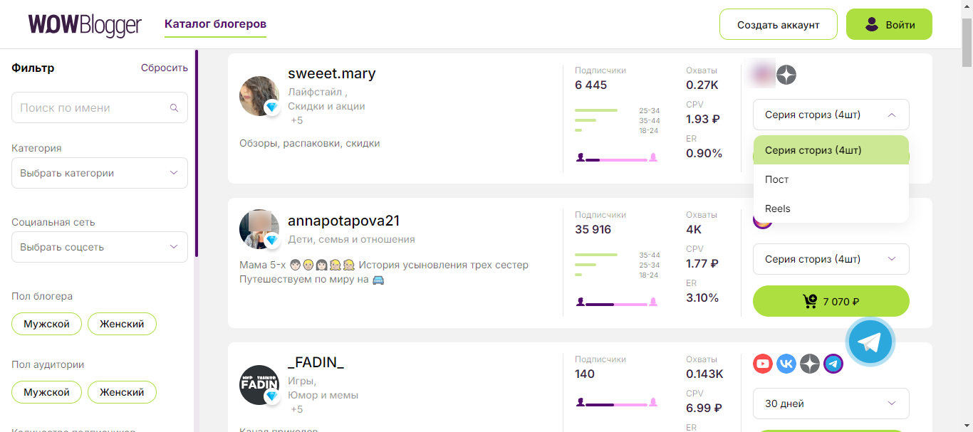 Каталог WOWBlogger для поиска каналов и блогеров 