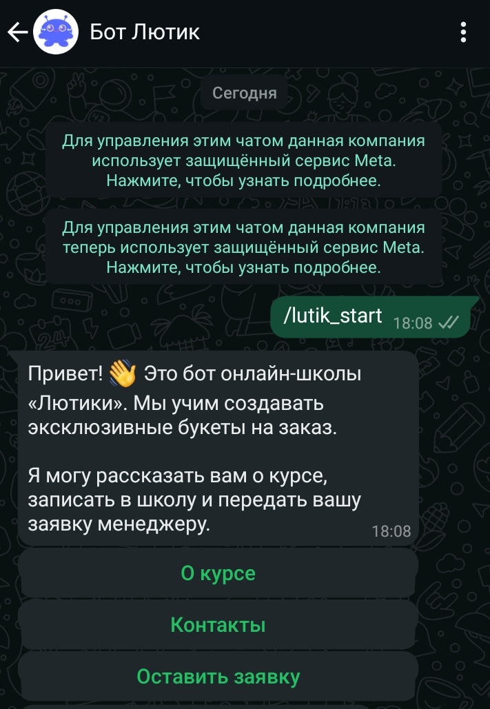 Вот так выглядит бот нашей онлайн-школы «Лютики» в WhatsApp.