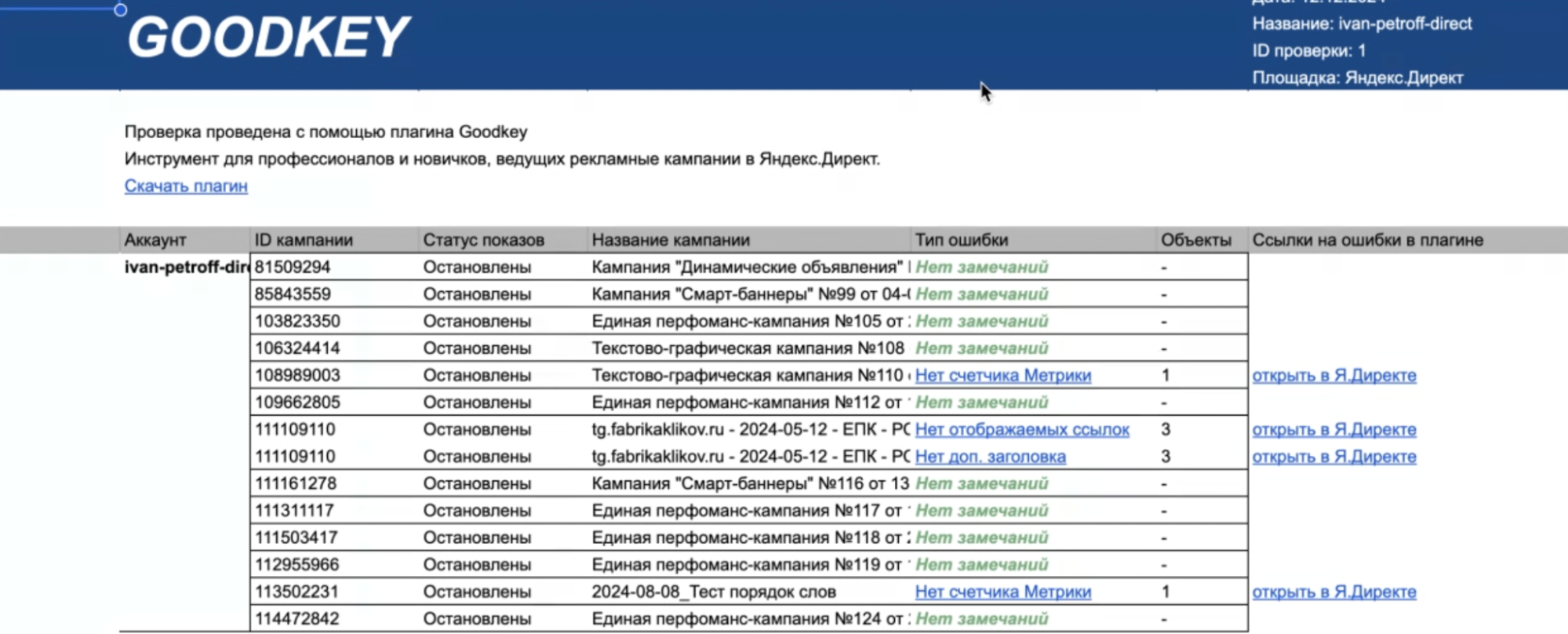 Результаты проверки выгружаются в отчет