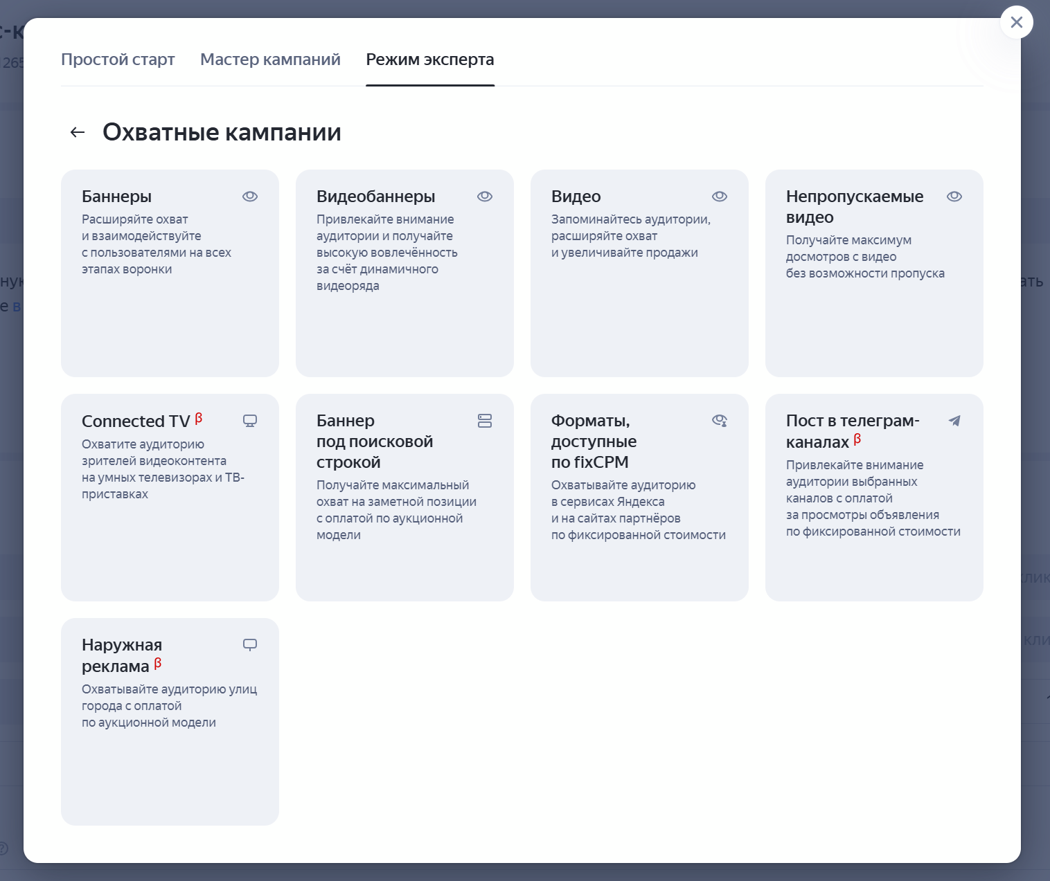 Охватные форматы в Директе - скриншот интерфейса