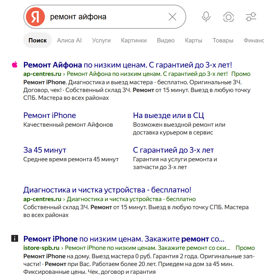 Объявления на поиске Яндекса