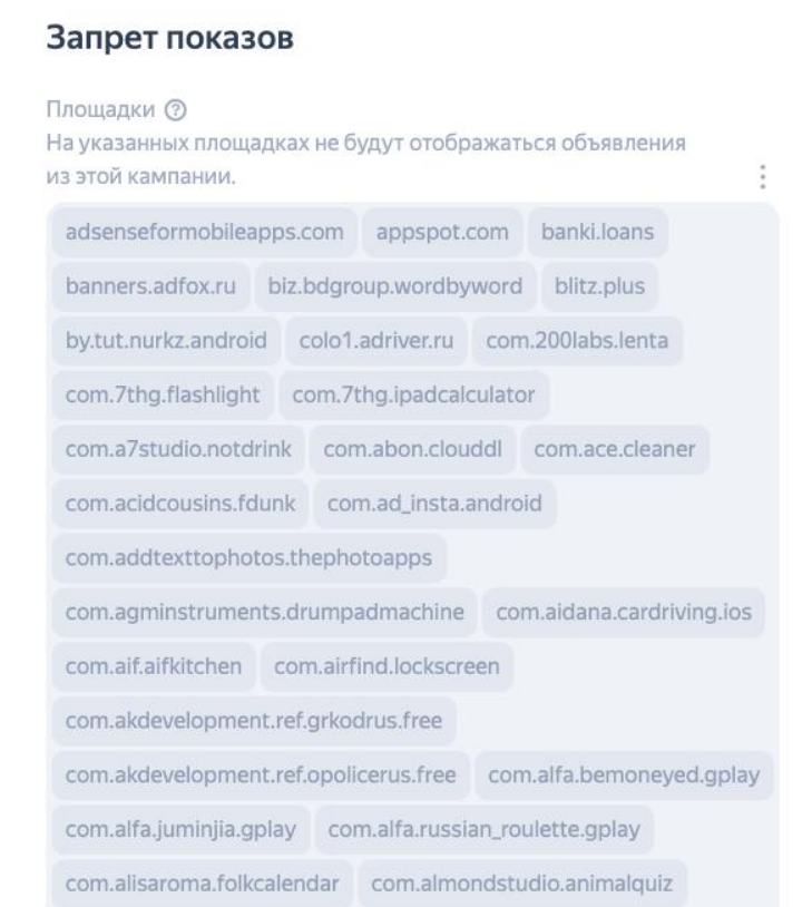 Список запрещенных площадок в настройках кампании в Директе