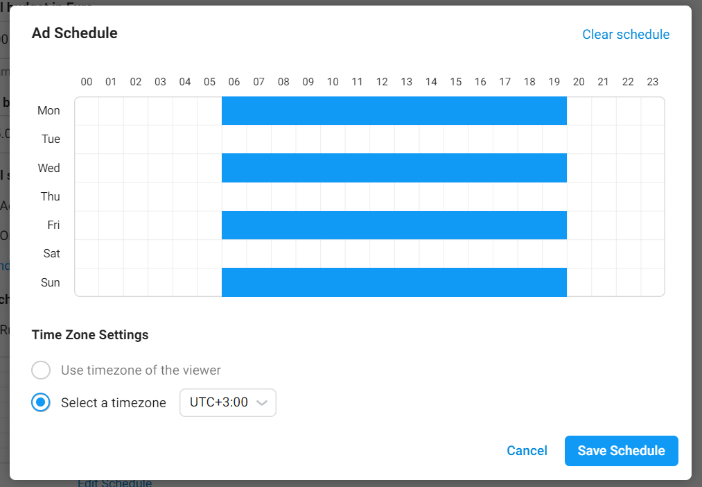 Расписание показов объявления в Telegram Ads