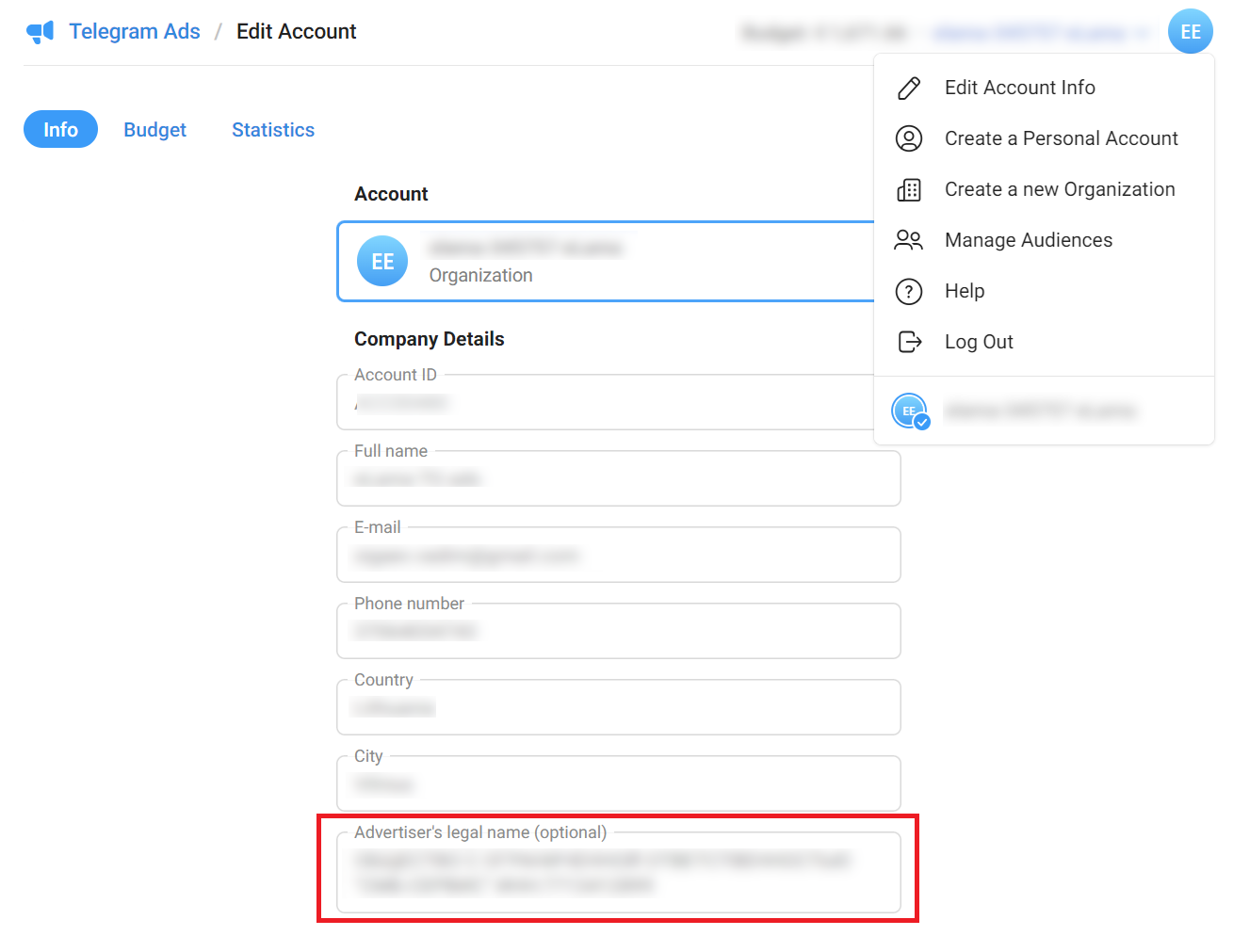 Данные рекламодателя для маркировки рекламы (ЕРИР) в Telegram Эдс