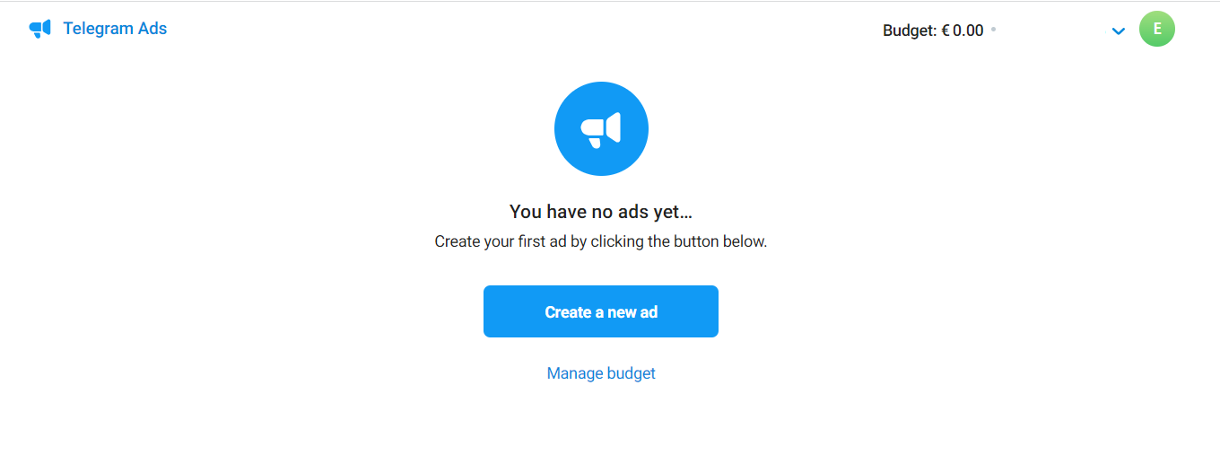 Рекламный кабинет Telegram Ads: стартовый экран