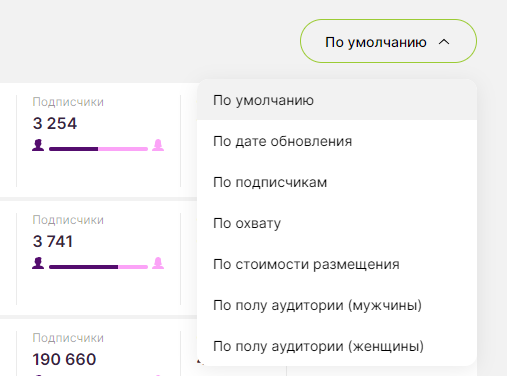Сортировка каталога телеграм каналов по стоимости и охвату