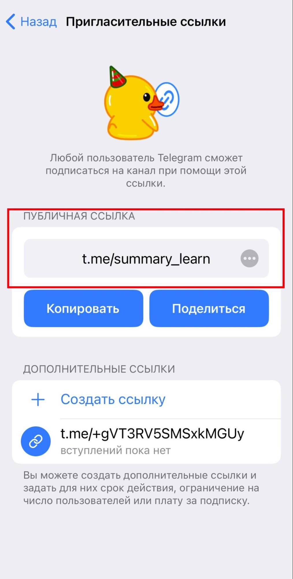 Публичная ссылка в настройках канала
