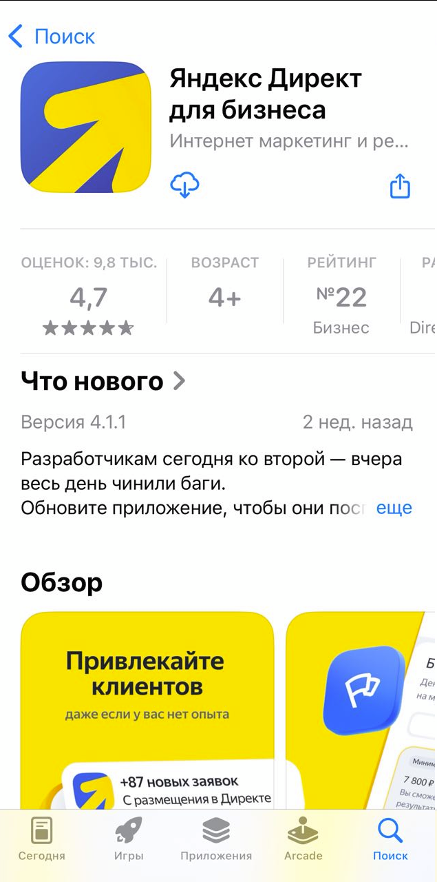 Мобильное приложение Яндекс Директа для iOS с интерфейсом управления рекламными кампаниями, статистикой и балансом
