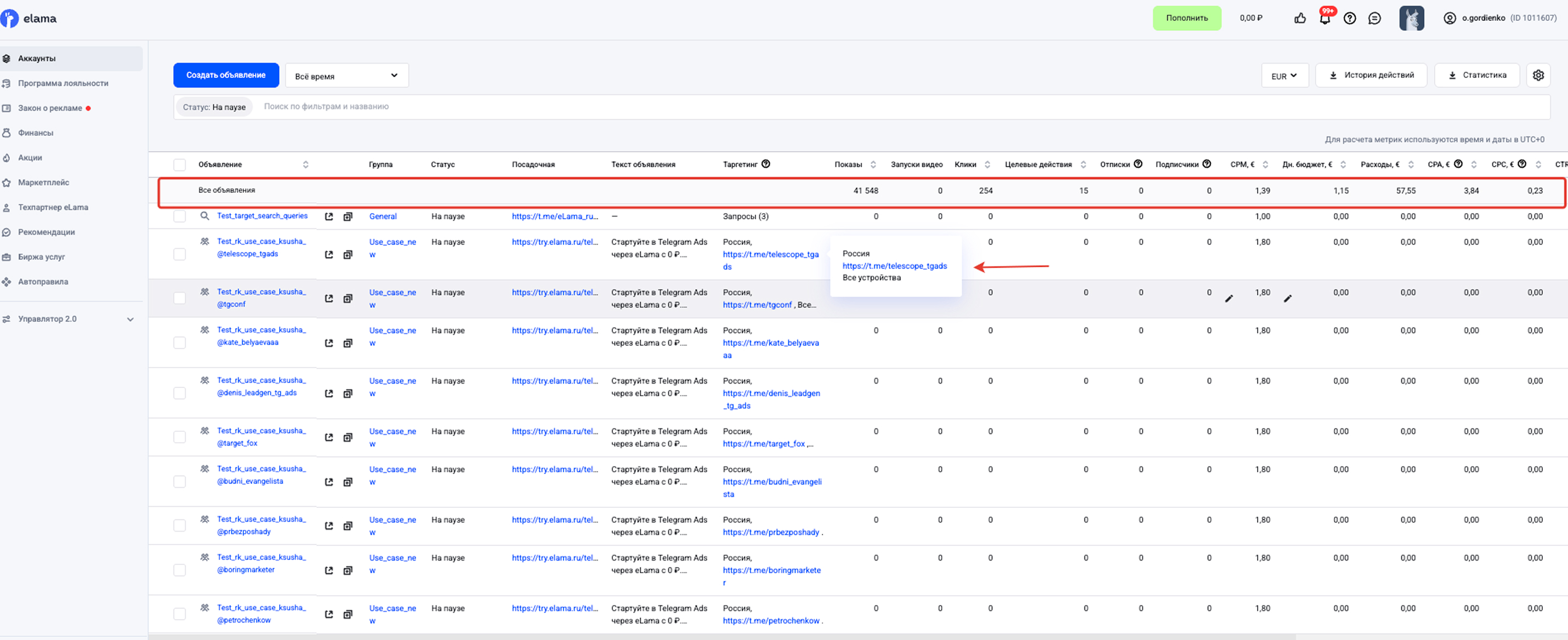 Отображение таргетингов в статистике кампаний Telegram Ads в TG Настрое