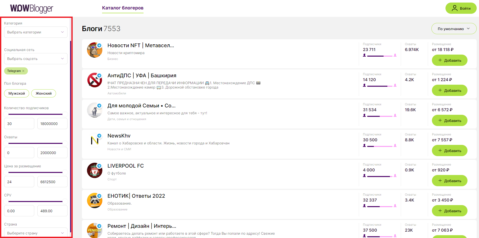 Фильтры выбора тг каналов для рекламы на бирже WOWBlogger