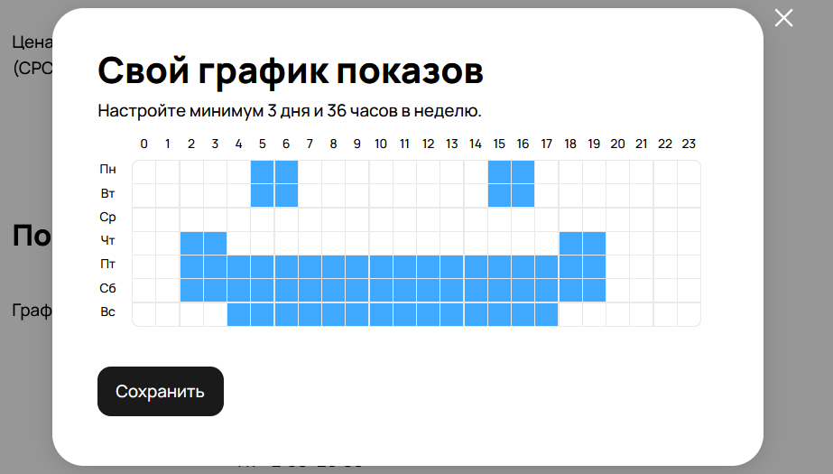 Настройка расписания показов для группы объявления в Авито Рекламе
