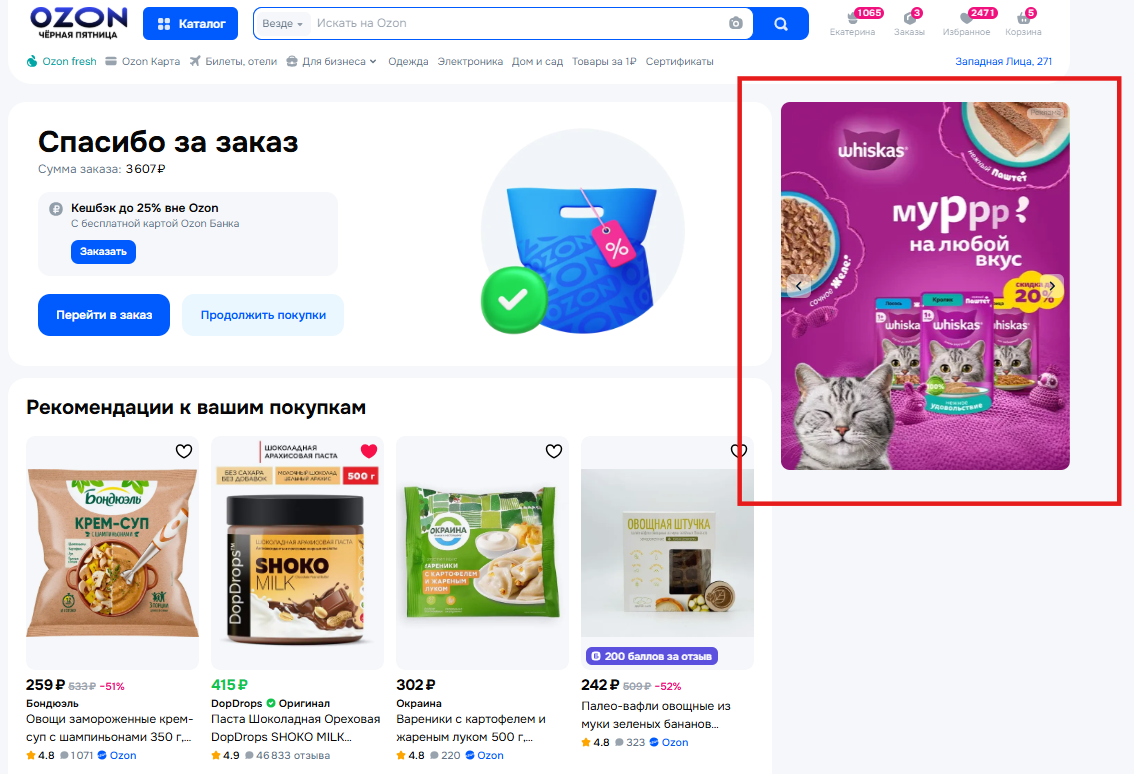 Пример баннера на странице успешного завершения заказа на Ozon