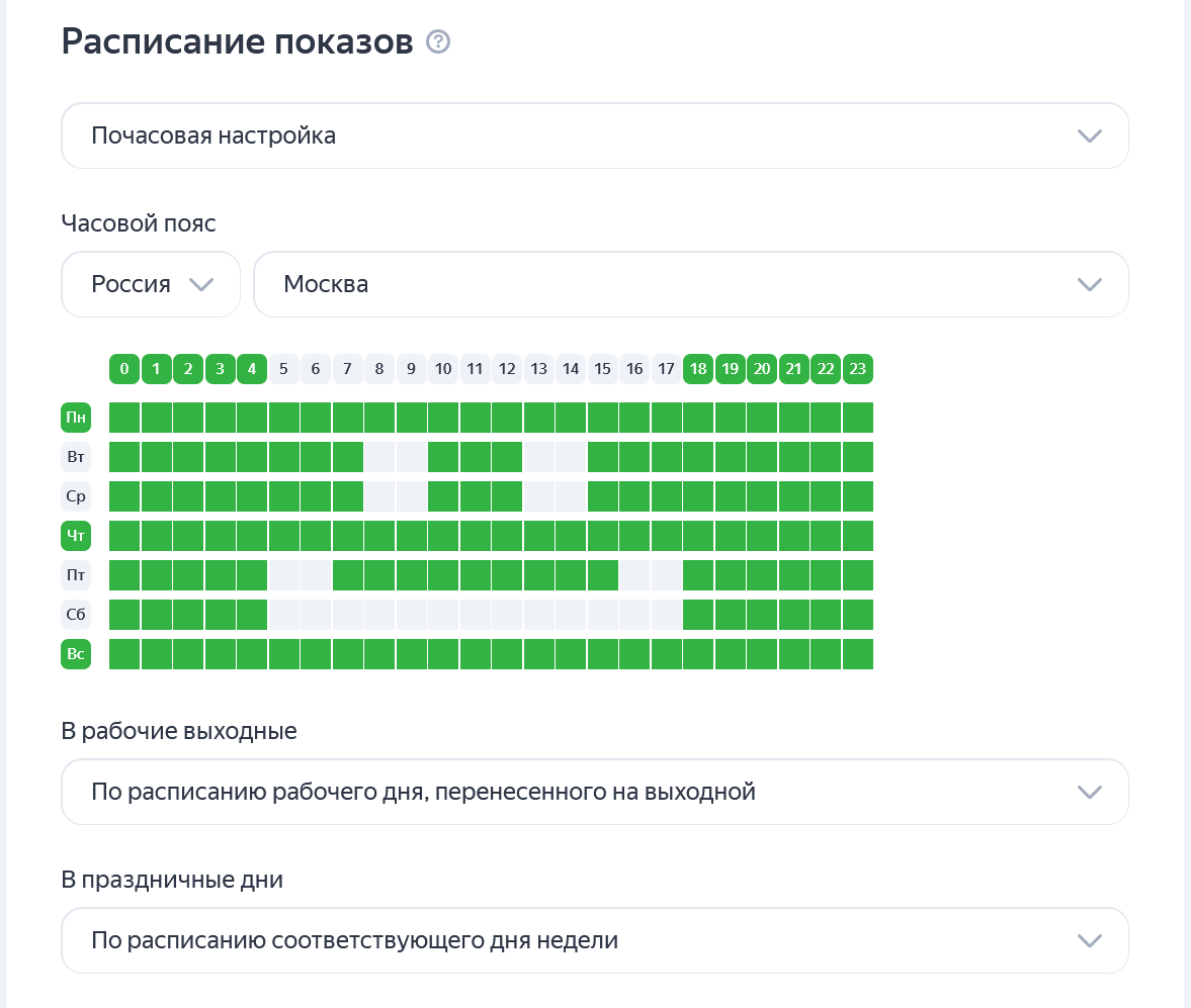 Установка расписания показов объявлений в рекламной сети Яндекса (РСЯ)
