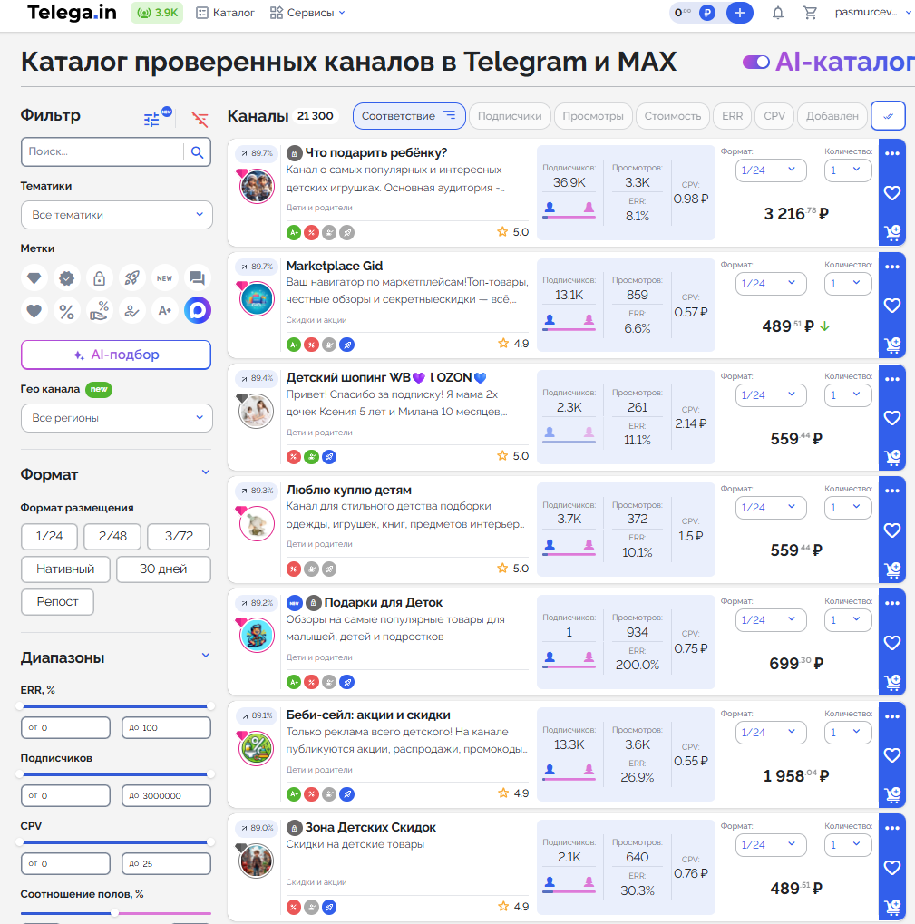 Пример подборки каналов для продвижения детских игрушек от ИИ-помощника Telega.in