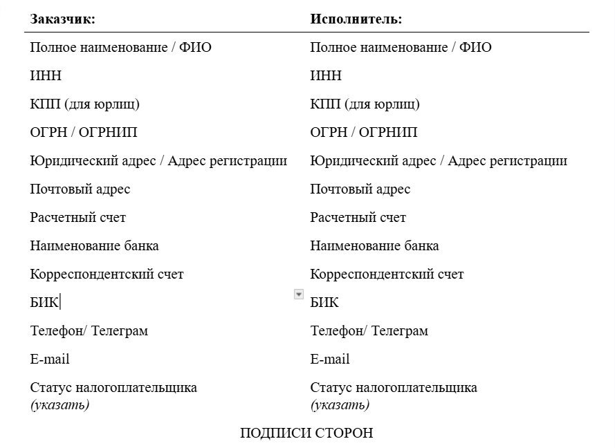 Реквизиты сторон в договоре на рекламу