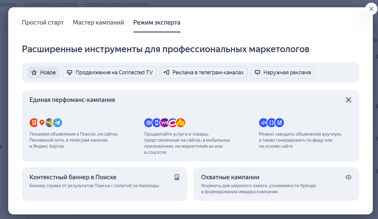 Интерфейс Яндекс.Директа: настройка продвижения Tg-канала в режиме эксперта