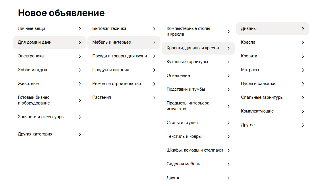 Выбор категории бизнеса на Авито