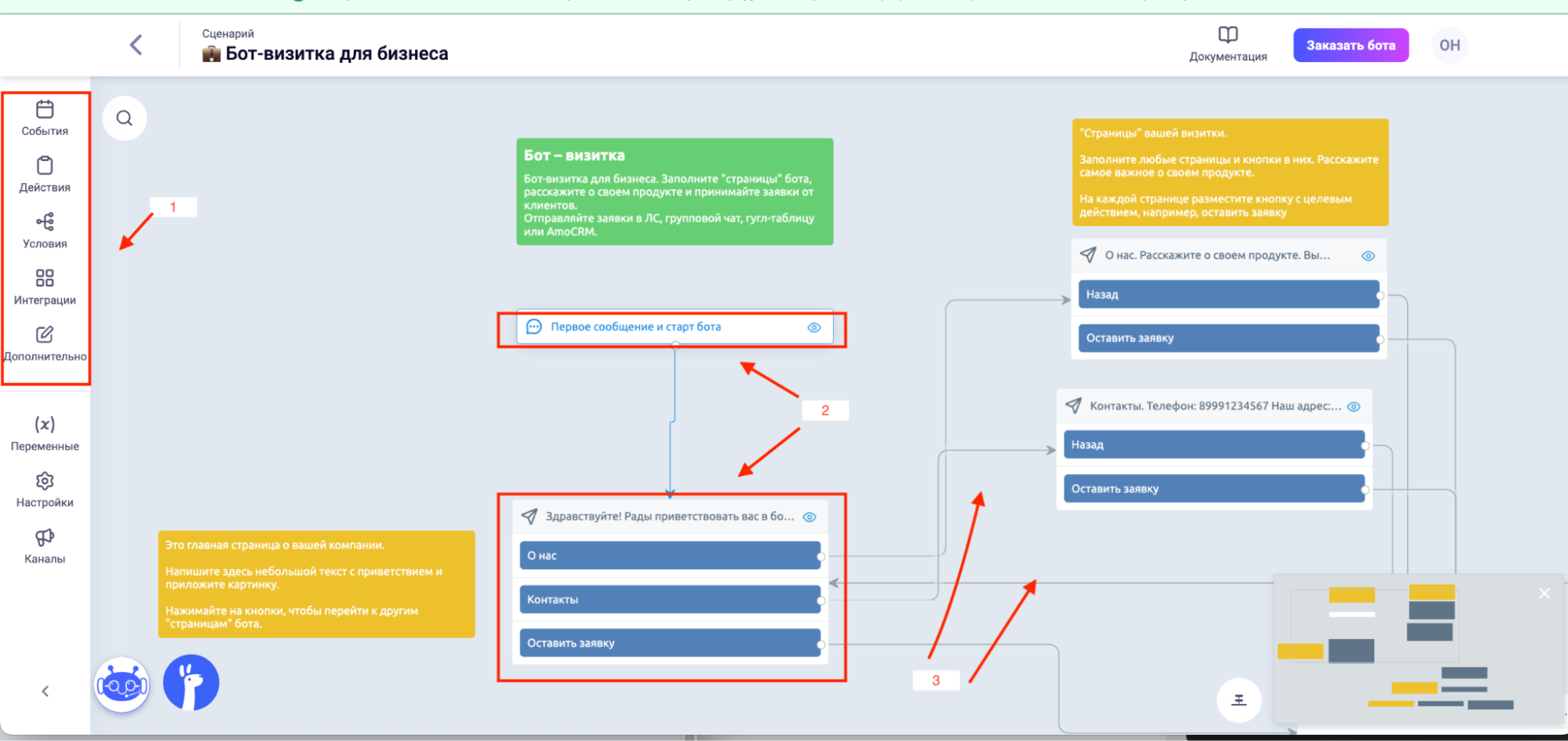 Интерфейс конструктора бота в Smartbot Pro