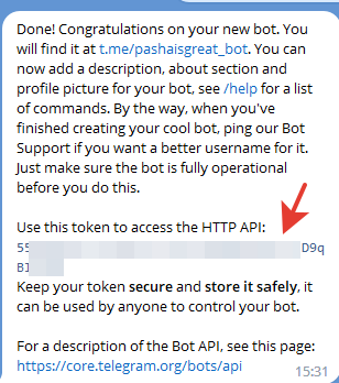 Токен бота, полученный в BotFather