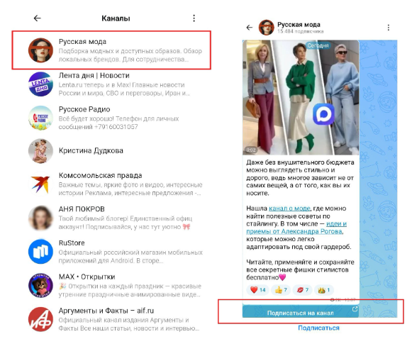 Пример публичного канала в общем каталоге каналов Max и кнопка подписки (Макс)