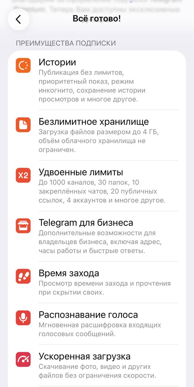 Скриншот с возможностями премиум-подписки в Telegram