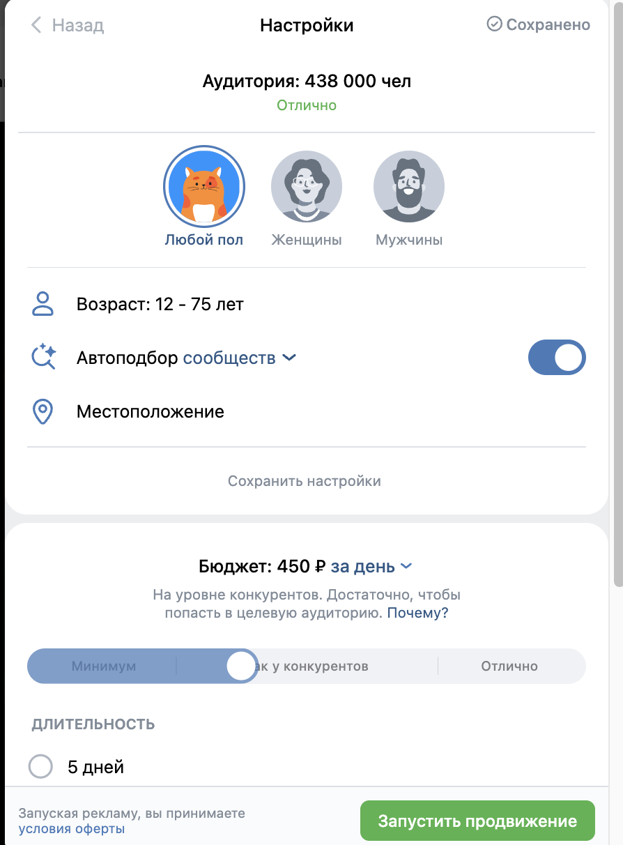 Базовые параметры продвижения клипа в интерфейсе сообщества VK