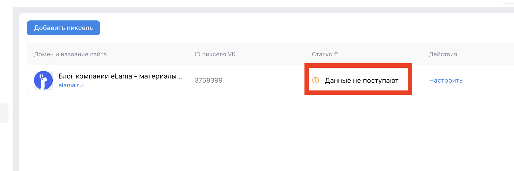 Статус работы пикселя в кабинете VK Рекламы