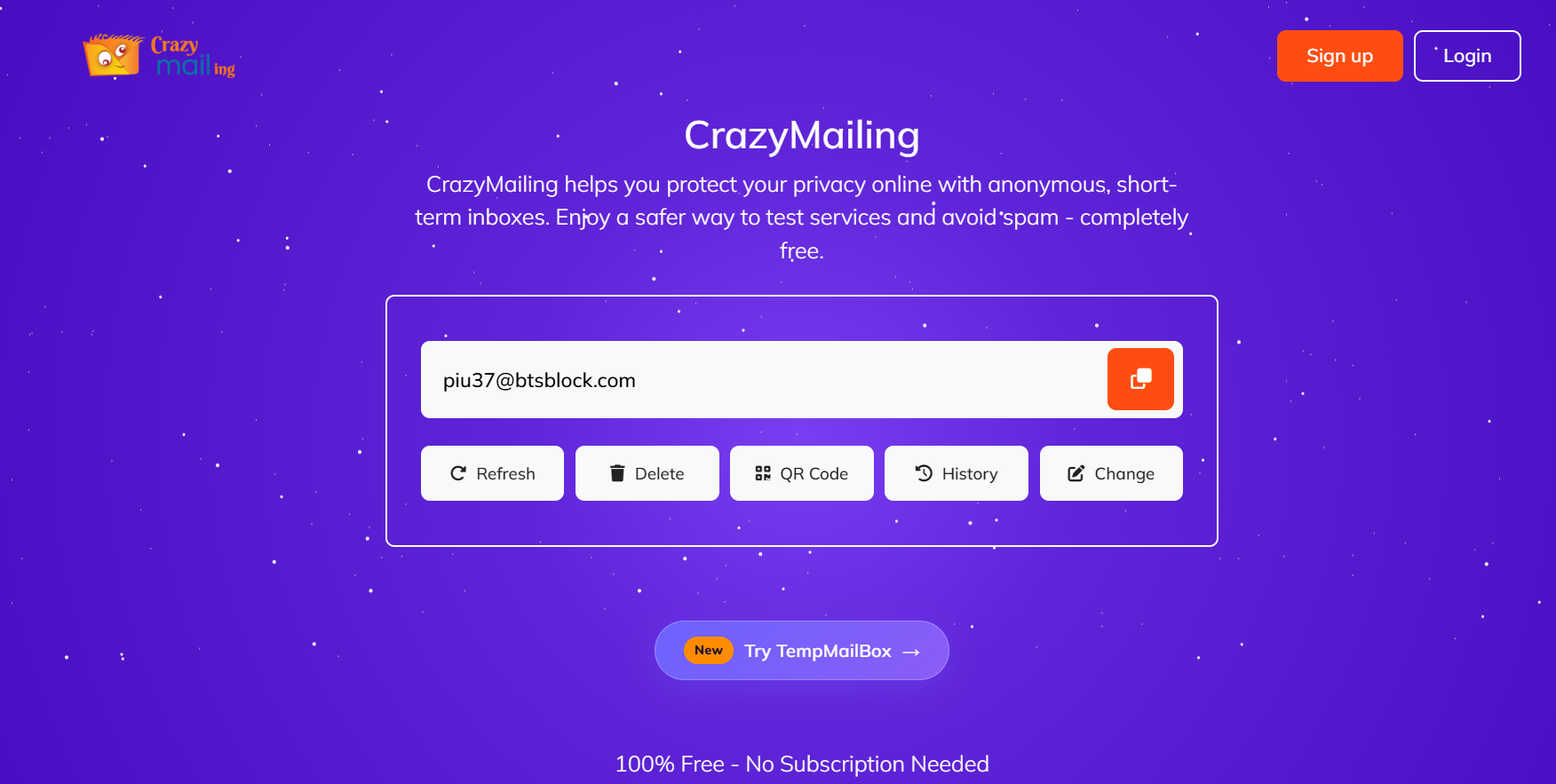 Сервис создания временной почты CrazyMailing — скриншот сайта 