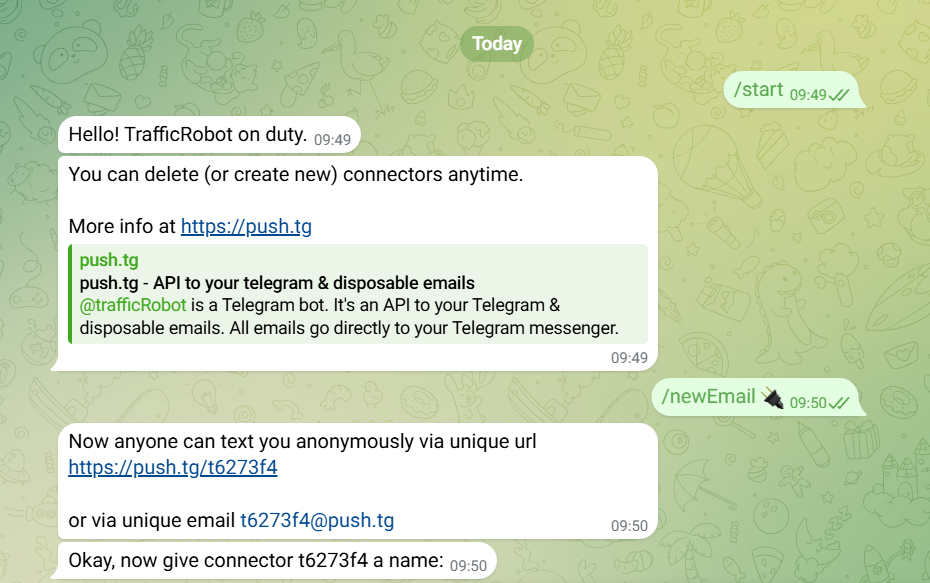 Бот для создания временной почты TrafficRobot — скриншот чат-бота в Telegram