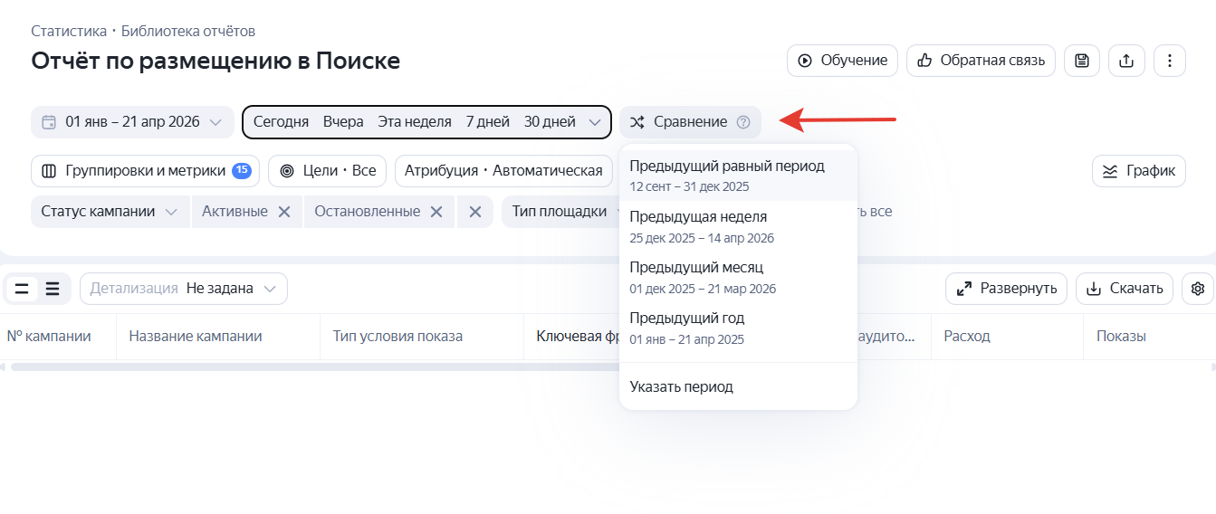 Для отчета с поисковой кампанией нужно выбрать сравнение с другим периодом — до запуска баннера на поиске