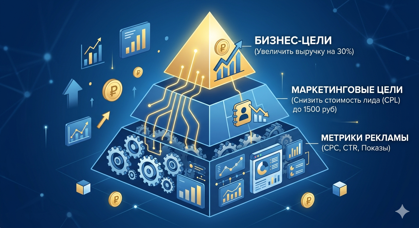 Схема связи KPI рекламы с целями бизнеса и действиями специалиста