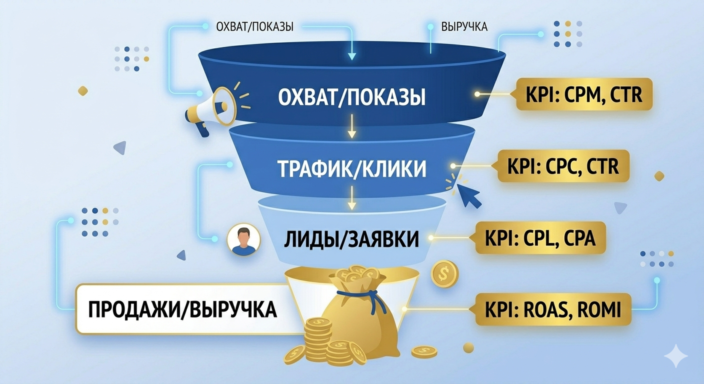 Схема выбора KPI под разные этапы воронки продаж