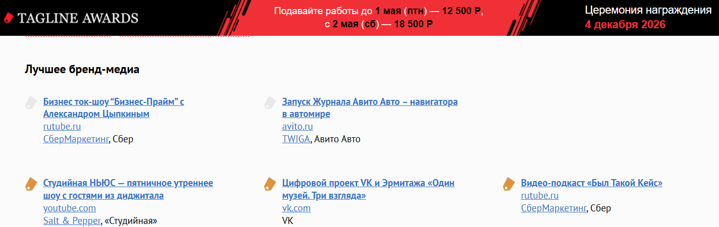 Фрагмент рейтинга лучших бренд-медиа 2025 по версии Tagline