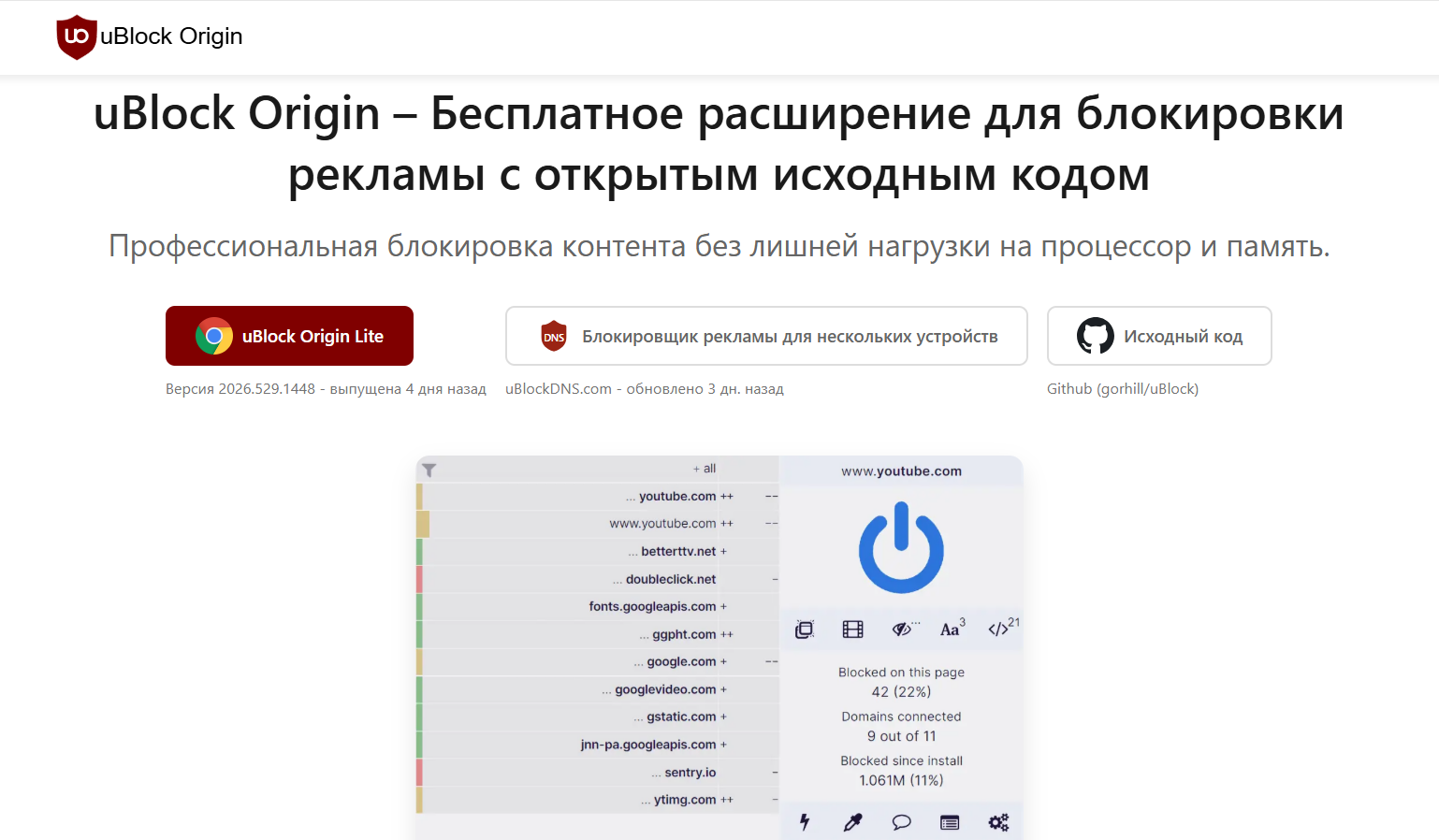 Интерфейс расширения uBlock Origin для блокировки рекламы в браузере