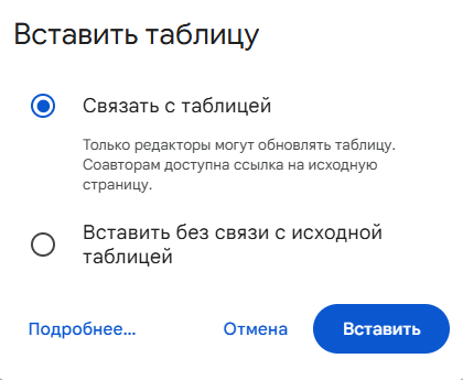 Выбор способа вставки таблицы из Google Таблиц в Google Документы