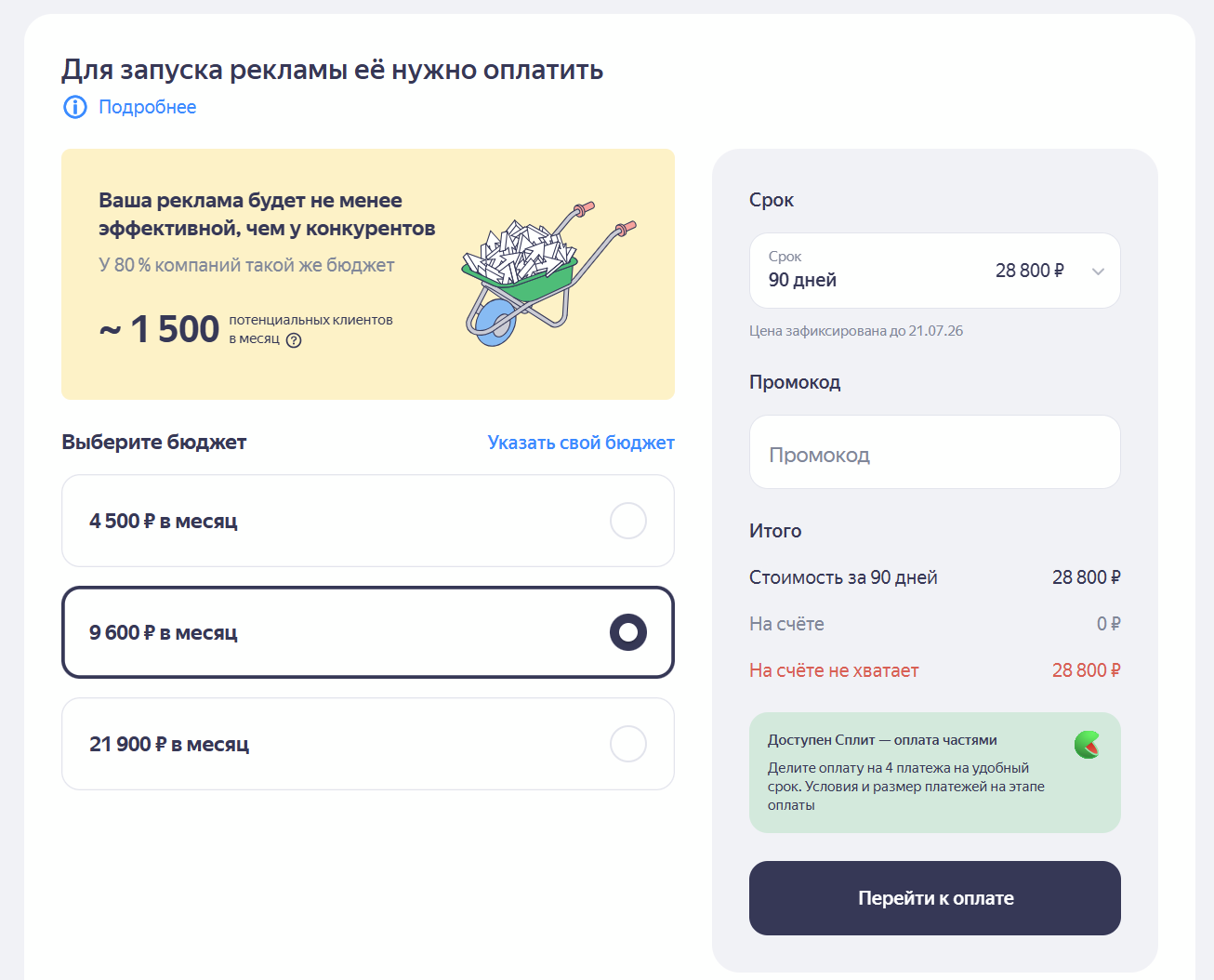 Оплата рекламной подписки в Яндекс Бизнесе