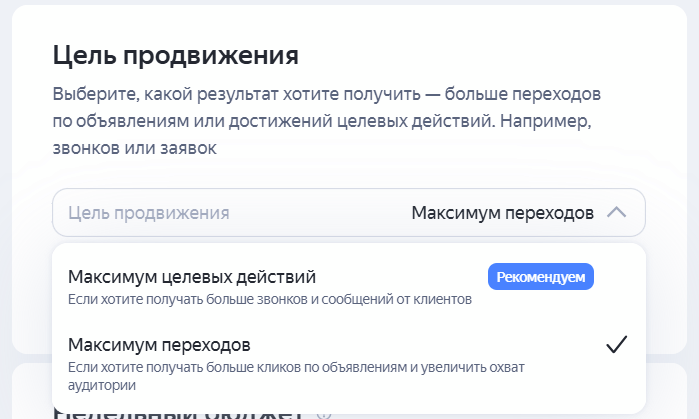 Выбор цели рекламной кампании