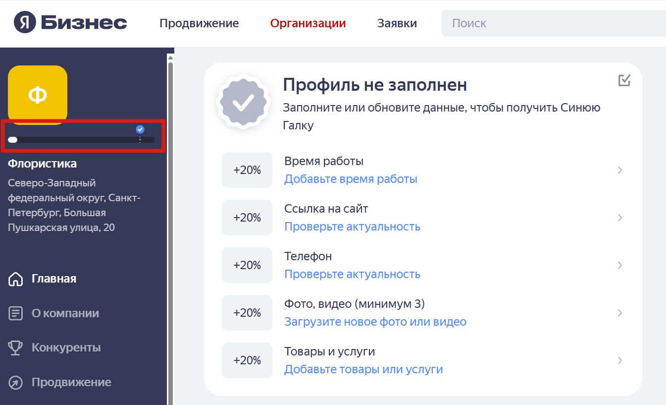 Индикатор заполнения информации о компании