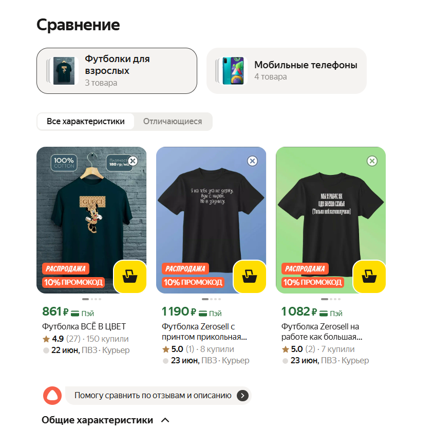 Сравнение характеристик товаров на Яндекс Маркете