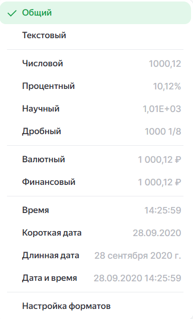 Варианты формата ячеек в Яндекс Таблицах