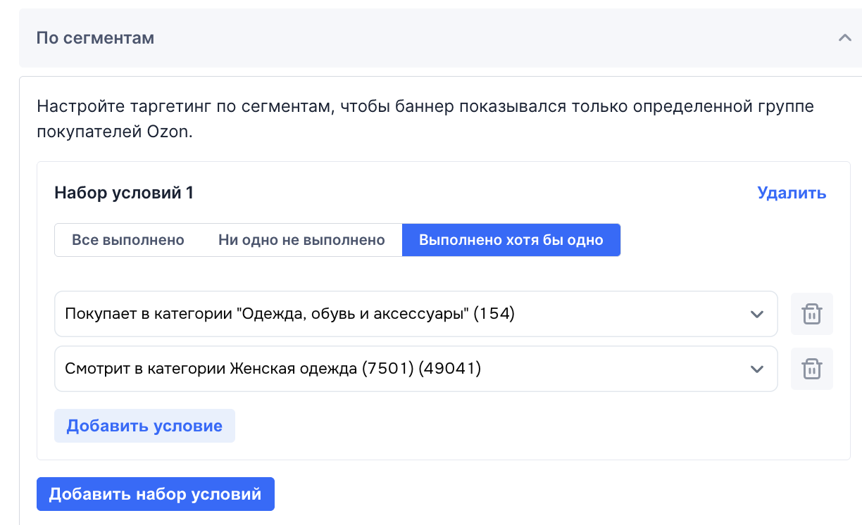 Настройка сегмента покупателей одежды в Ozon Рекламе
