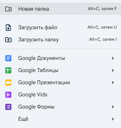 Меню кнопки «Создать» в Google Диске