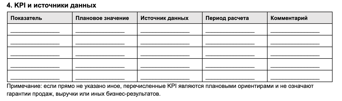 Пример таблицы KPI в техническом задании к договору с таргетологом