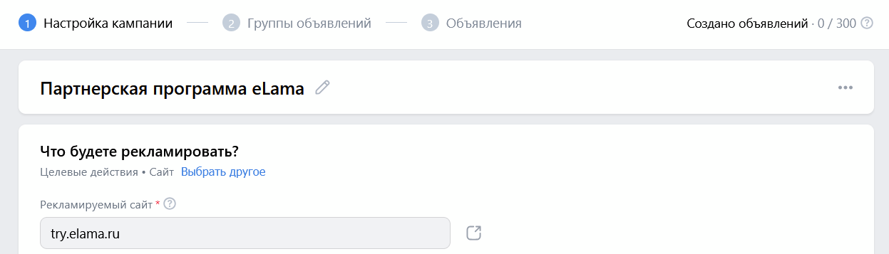 Настройка кампании: название и ссылка на посадочную страницы