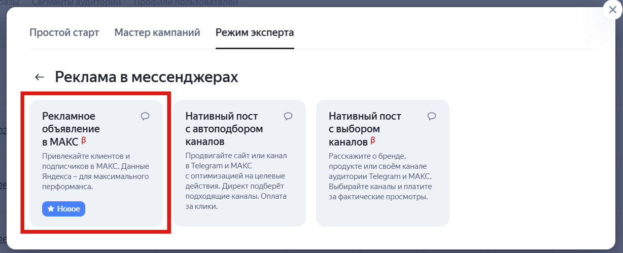 Выбор формата для запуска таргетиованной рекламы в Max через Директ